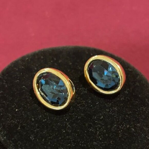 S.A.L SWAROVSKI Deep Blue Oval Crystal Gold Tone EARRINGS - Picture 6 of 9